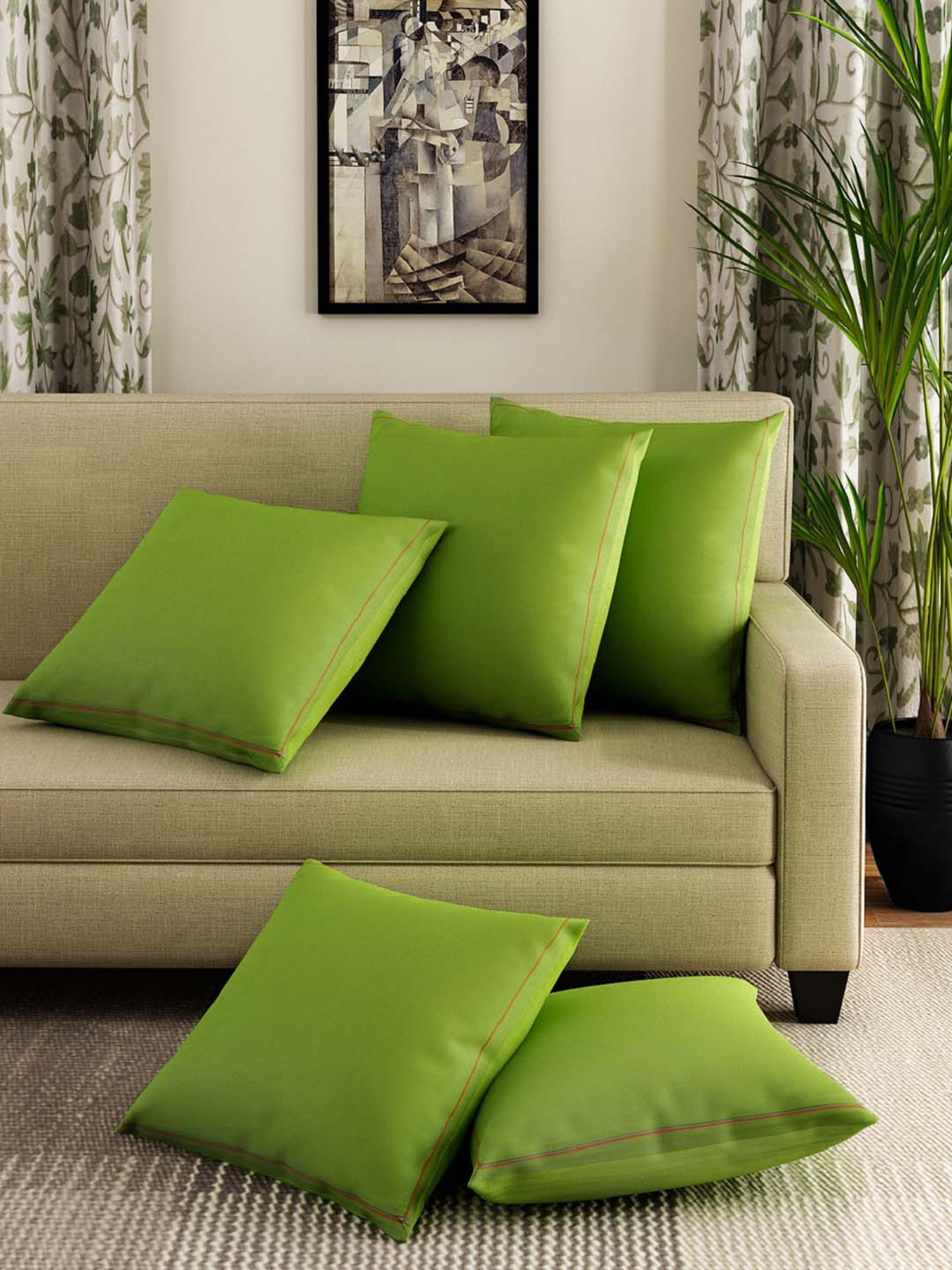 Swayam Green Cotton 60 cm x 60 cm Cushion Covers - Set of 5