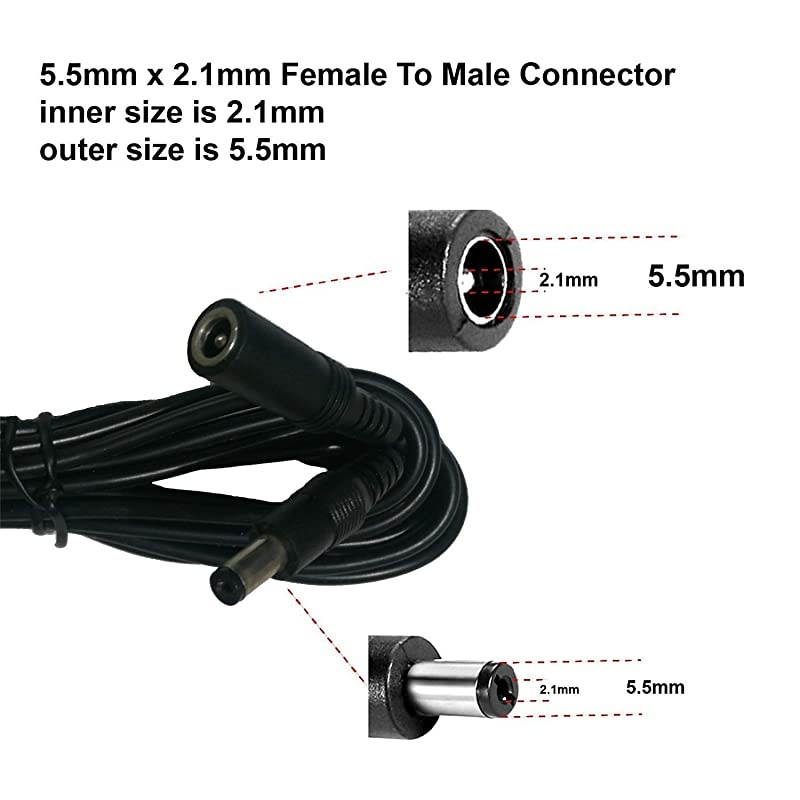 2.1mm x 5.5mm Plug 12V DC Power Extension Cable Universal Extension Cords Compatible with 12V Power Adaper for Home Security Camera IP Camera DVR Black