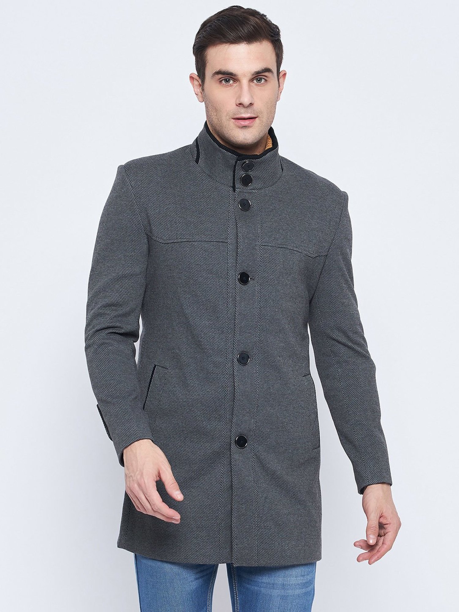 Camla Grey Regular Fit Mock Collar Textured Overcoat