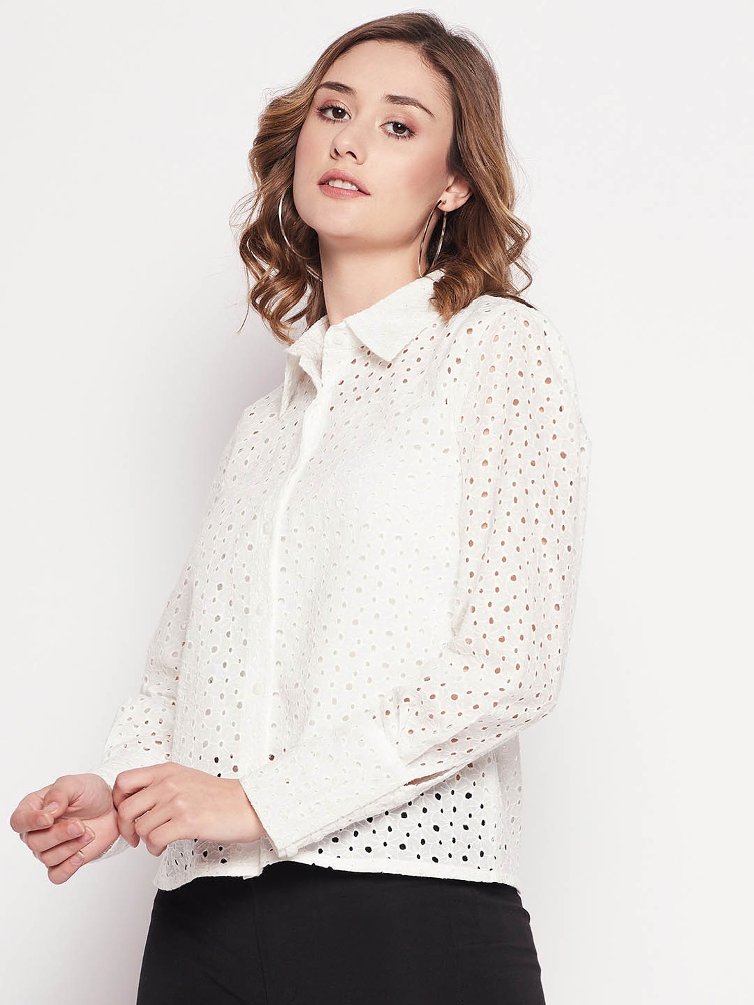 Camla by MADAME White Cotton Self Design Shirt