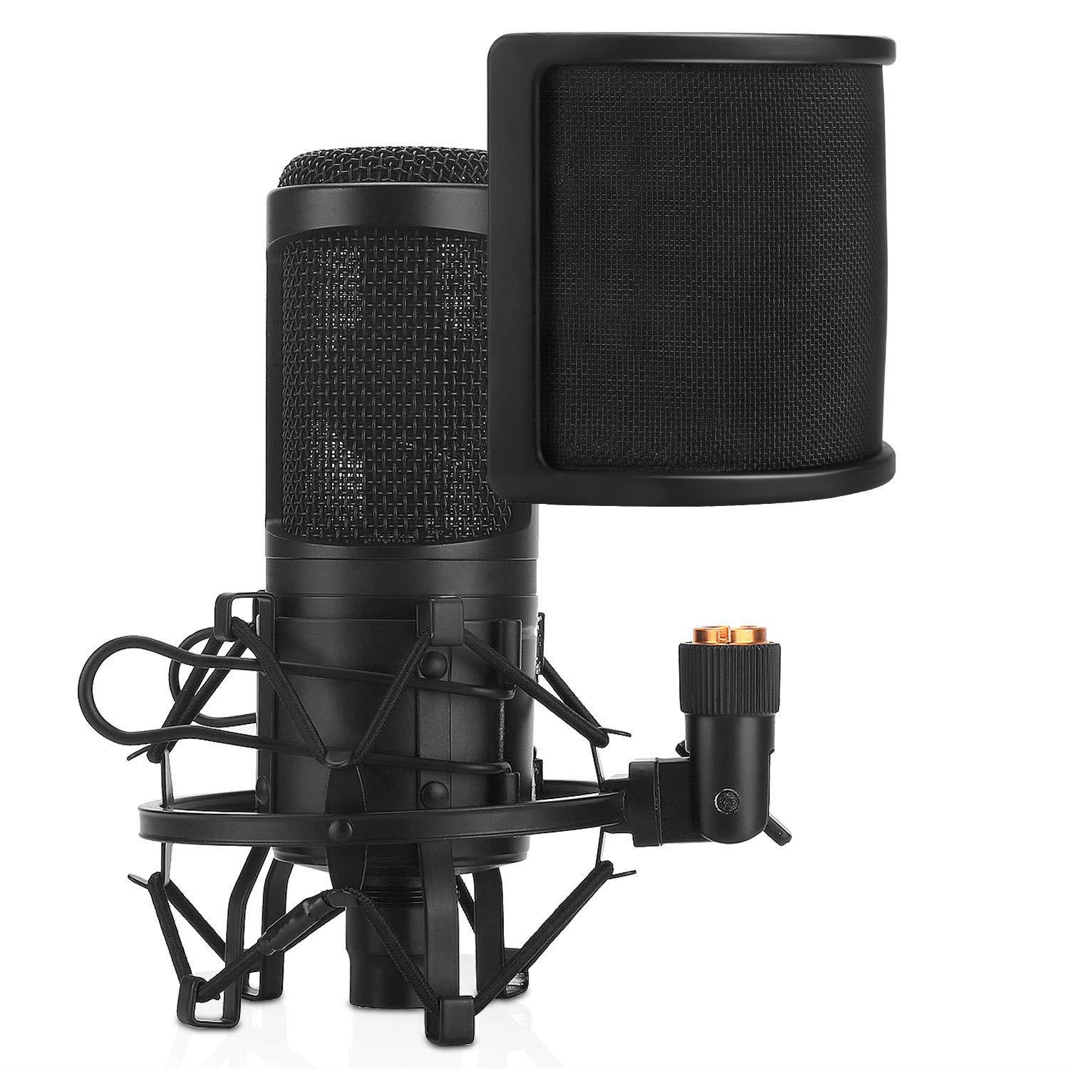 PEMOTech Shock Mount with Pop Filter, Universal Anti-Vibration Suspension Mic Shock Mount Fits Diameter 46mm-53mm Microphone with Connector Adaper