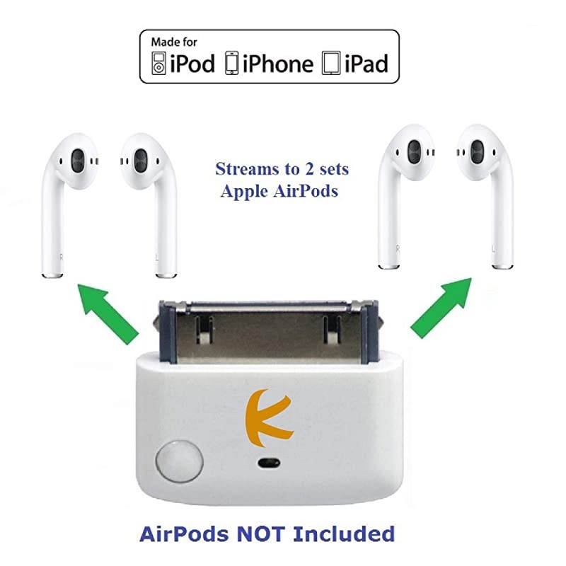 i10 (White) : Apple MFi Certified Bluetooth Splitter Transmitter (to 2 Stereo Receivers).Compatible to Apple iPod,iPhone,iPad with 30-pin connector.Compatible streaming to 2 Sets Apple AirPods.