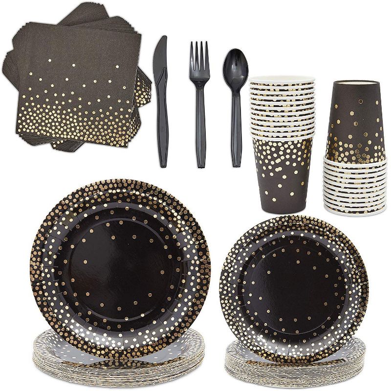 Sparkle and Bash 168-Piece Serves 24 Gold Confetti Party Supplies - Disposable Plates, Napkins, Cups & Cutlery