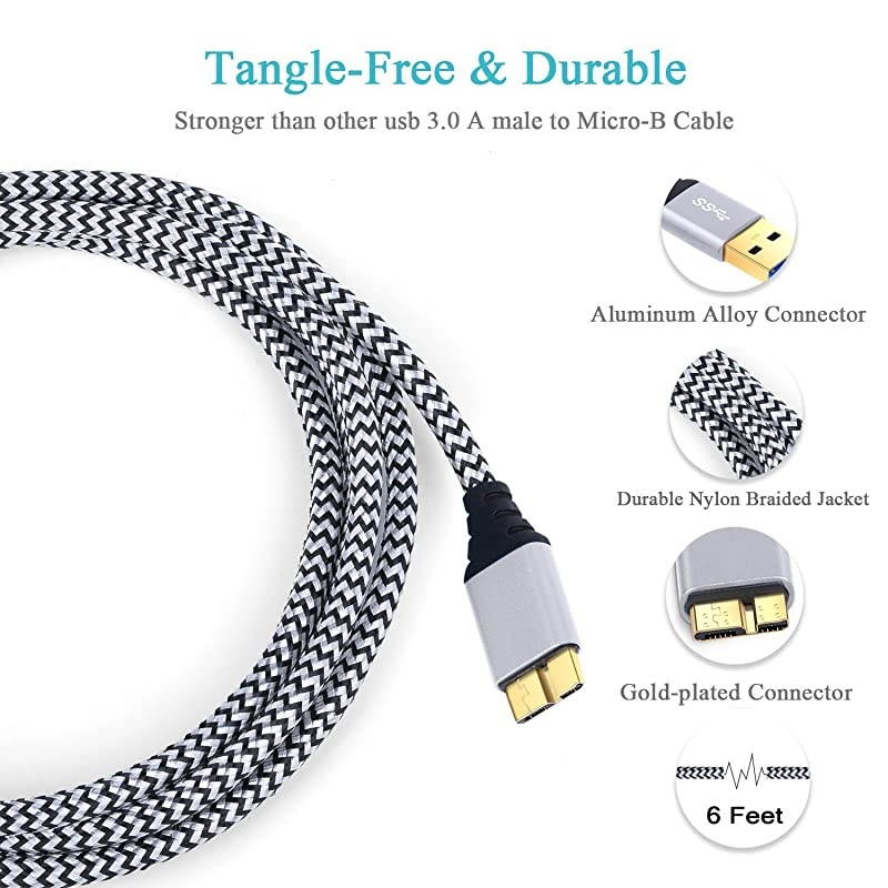 Galaxy S5Note 3 Charger Cable  3Pack Braided 6ft USB 30 Cable Type A to Micro B Fast Data Charger Cable Compatible for Hard Drive Samsung Galaxy S5 Note 3 Camera White