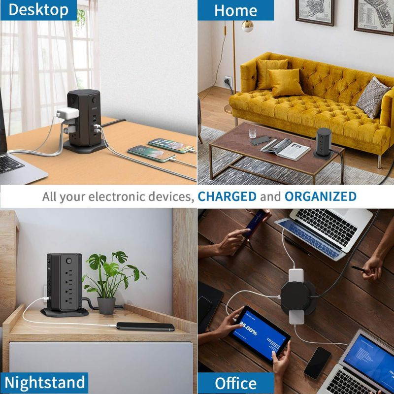 NTONPOWER Surge Protector Power Strip Tower, Flat Plug Desktop Charging Station, Individual Switches, 8 Outlets with 5 USB Charger, 6ft Heavy Duty Extension Cord for Home Office Dorm Essential