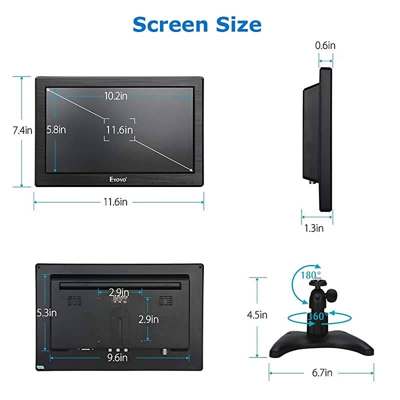 12" Inch TFT LCD Monitor with AV HDMI BNC VGA Input 1366x768 Portable Mini HD Color Screen Display with Built-in Speaker