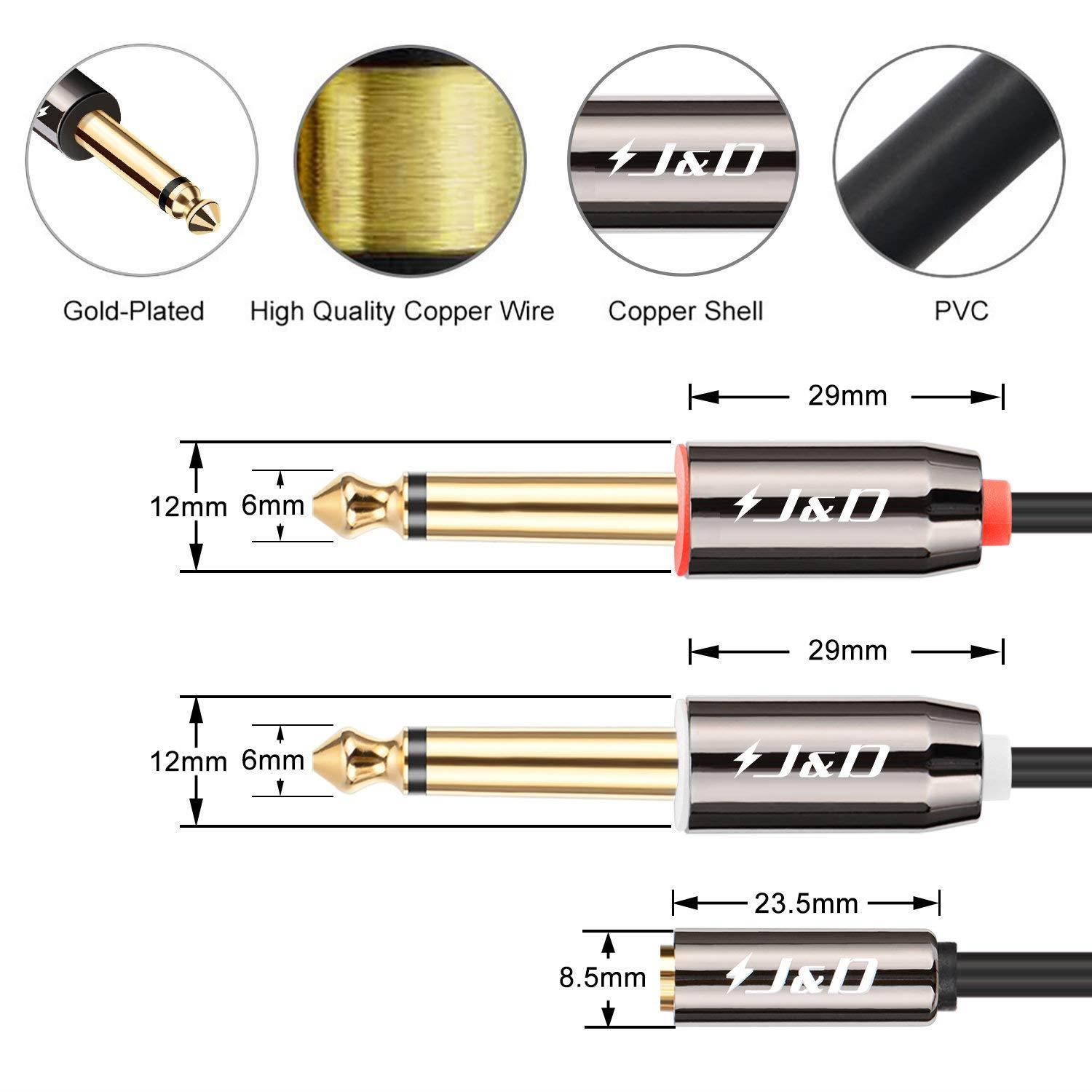 J&D 3.5 mm to 2 x 6.35 mm Cable, Gold-Plated [Copper Shell] [Heavy Duty] 3.5mm 1/8" Female TRS to 2X 6.35mm 1/4" Male TS Stereo Audio Adapter Cable for iPhone, Amplifiers - 6 Feet