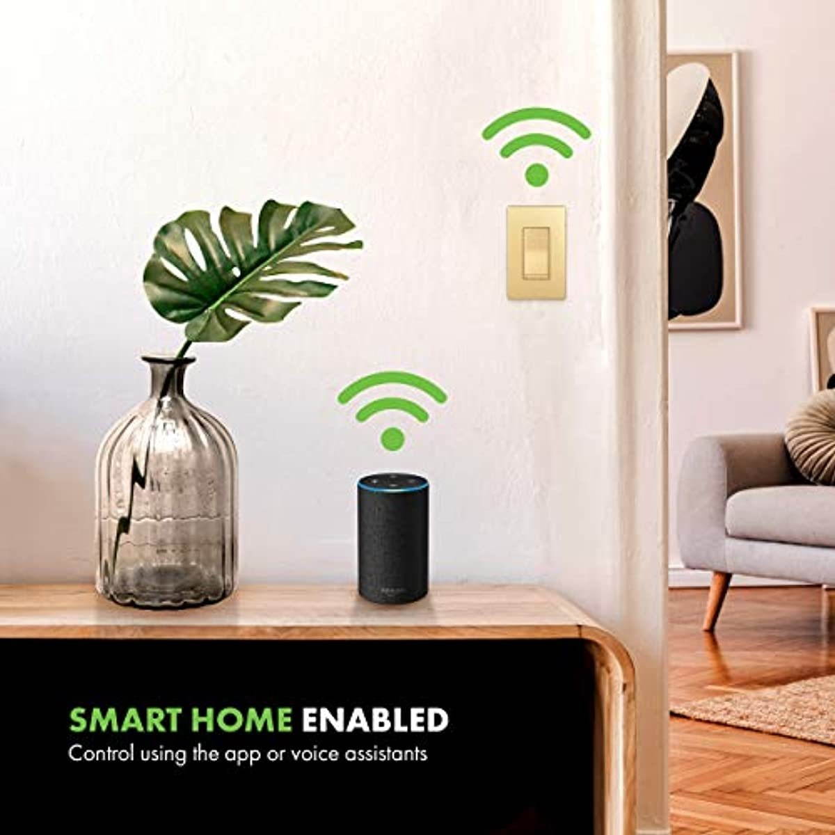 TOPGREENER Smart Wi-Fi Switch, Control Lighting from Anywhere, in-Wall, Single Pole or 3-Way, No Hub Required, Compatible with Alexa and Google Assistant, TGWF15S, Gold