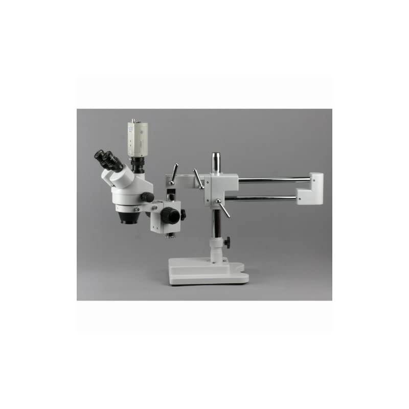 SM-3TZ Professional Trinocular Stereo Zoom Microscope, WH10x Eyepieces, 3.5X-90X Magnification, 0.7X-4.5X Zoom Objective, Ambient Lighting, Single-Arm Boom Stand, Includes 0.5X and 2.0X Barlow Lenses