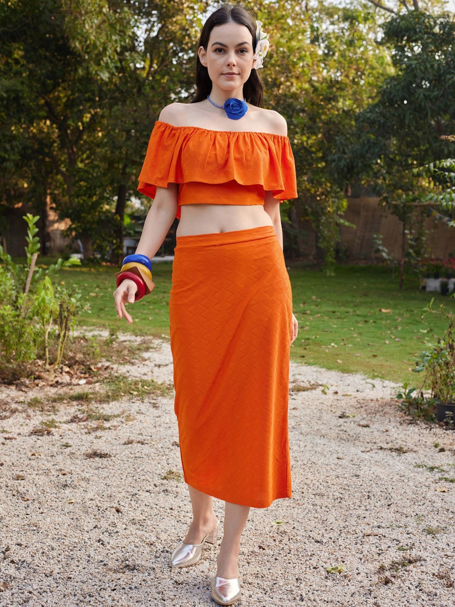 PURVAJA Orange Midi Co-Ord Set