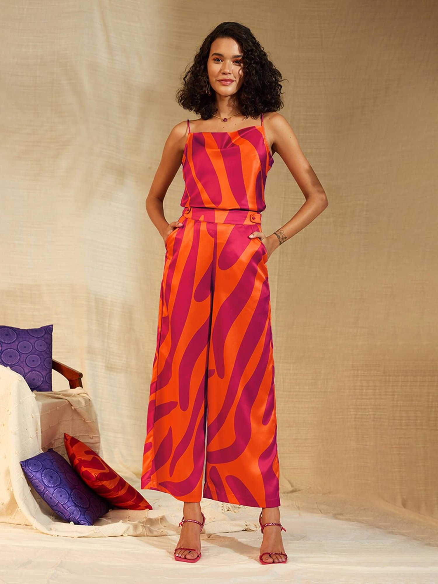 Pink Fort Orange & Pink Printed Top With Trousers
