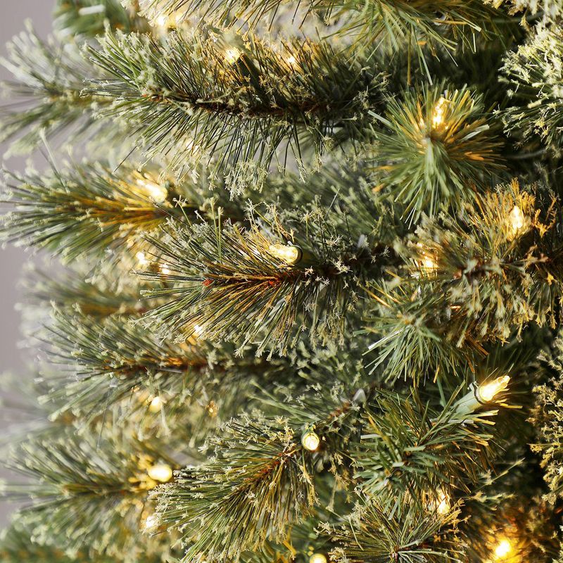 Home Heritage 9 Foot Pre-Lit Skinny Artificial Stanley Pencil Pine Christmas Tree with Clear White Lights, Foldable Stand and Easy Assembly