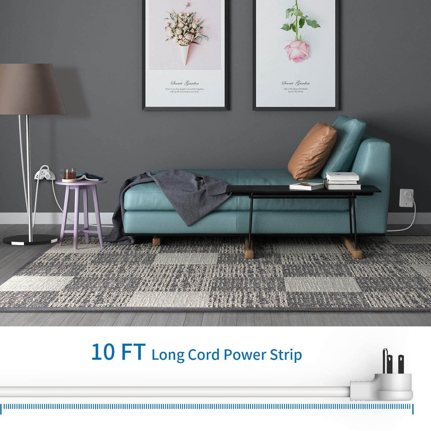 Power Strip Long Cord, with USB/Flat Plug/ 10ft Extension Cord, Mountable Portable Non Surge Protector for Home and Travel, 2 AC Outlets Semicircle - White