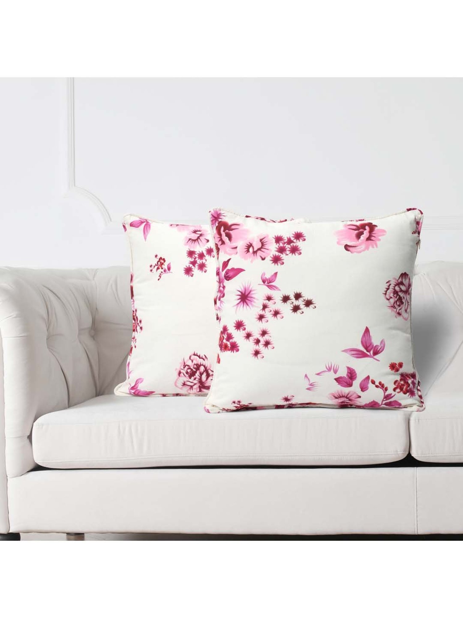 Swayam White & Pink Cotton 160 TC Cushion Covers - Set of 2