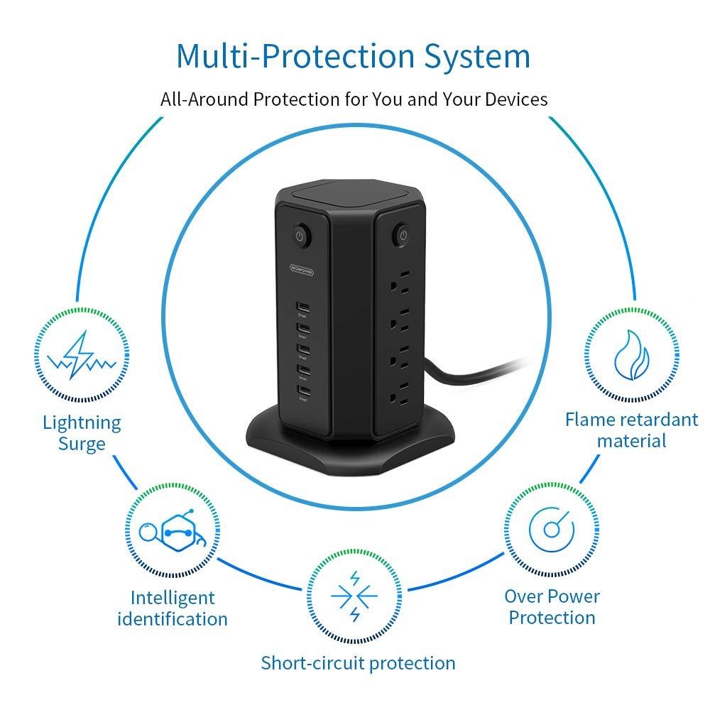 NTONPOWER Surge Protector Power Strip Tower, Flat Plug Desktop Charging Station, Individual Switches, 8 Outlets with 5 USB Charger, 6ft Heavy Duty Extension Cord for Home Office Dorm Essential