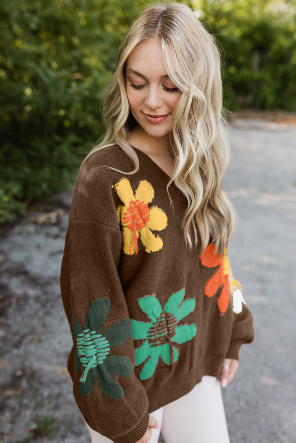 Coffee Vintage 60s Flower Pattern V Neck Lantern Sleeve Sweater