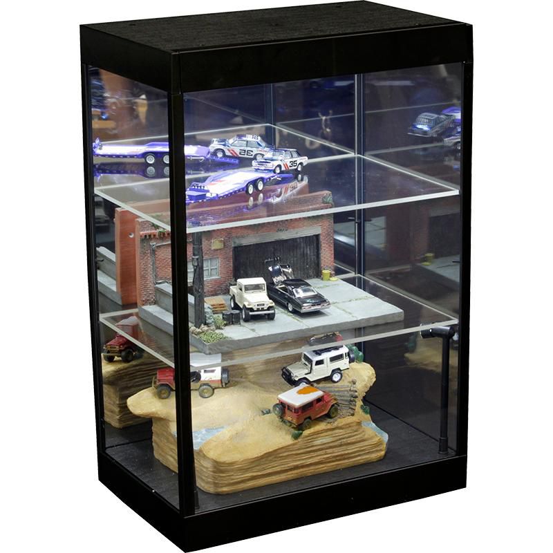 Display Showcase Desktop 2-Tier w/Two Adjustable Shelves & LED Lights Black for 1/18 1/24 1/32 1/43 1/64 Scale Models