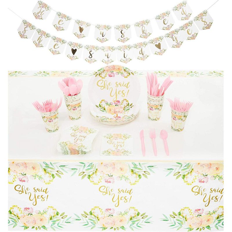 Sparkle and Bash 146-Piece Serves 24 Bridal Party Supplies - Plates, Napkins, Cups, Cutlery, Banner & Tablecloth