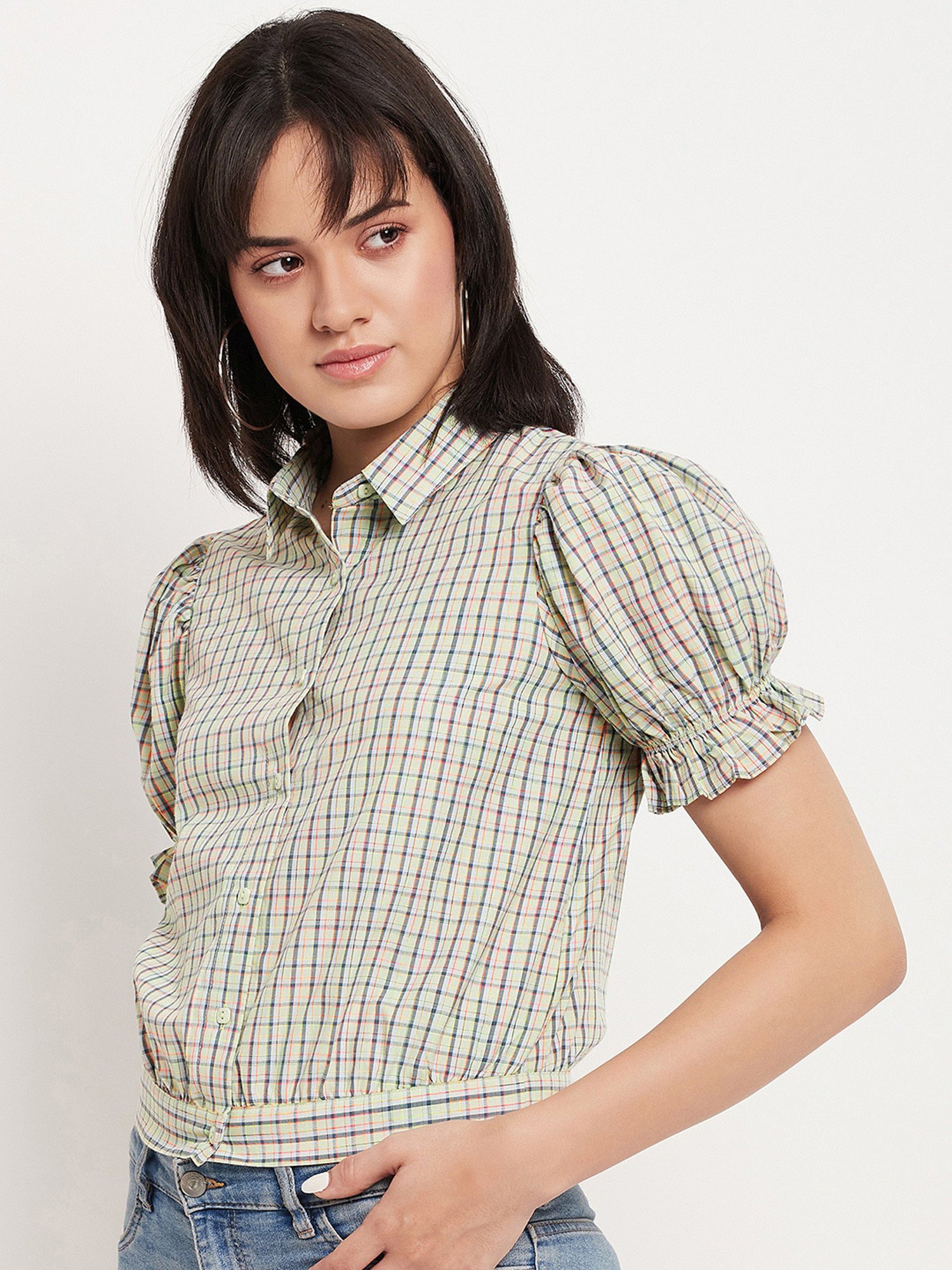 Camla Green Checks Crop Shirt