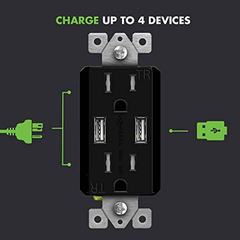 TOPGREENER 2.1A USB Wall Outlet Charger, 15A Tamper-Resistant Receptacles, Compatible with Smart Watches, Digital Cameras, GPS, MP3 Players & Small Devices, UL Listed, TU2152A-BK, Black