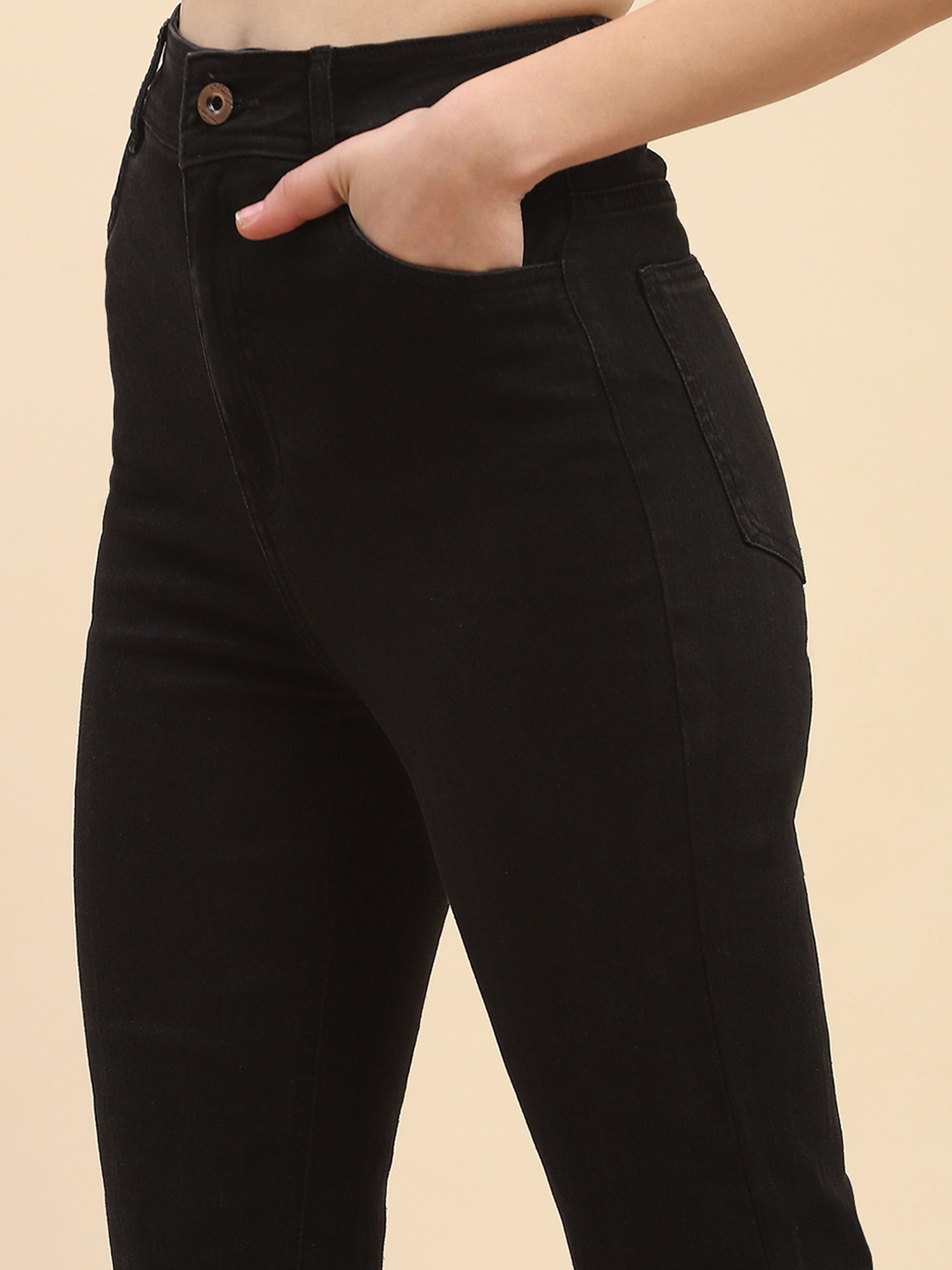 Camla Black Cotton Straight Fit Mid Rise Jeans