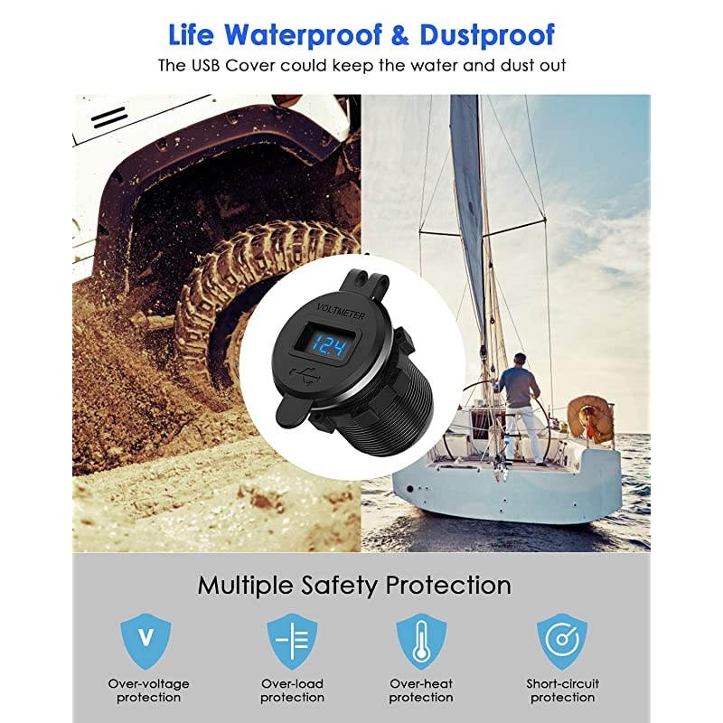 Quick Charge 30 Dual USB Charger Socket  Waterproof Aluminum Power Outlet Fast Charge with LED Voltmeter Wire Fuse DIY Kit for 12V24V Car Boat Marine Motorcycle Truck Golf Cart and More