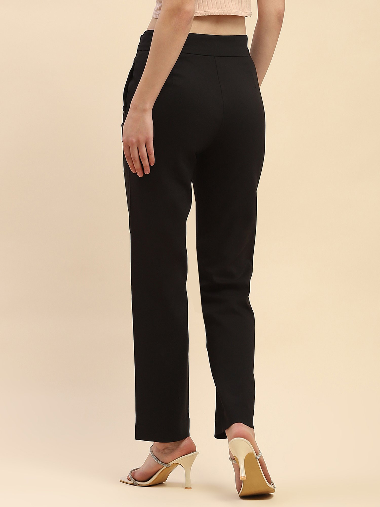 Camla Black Cotton Straight Fit Mid Rise Trousers