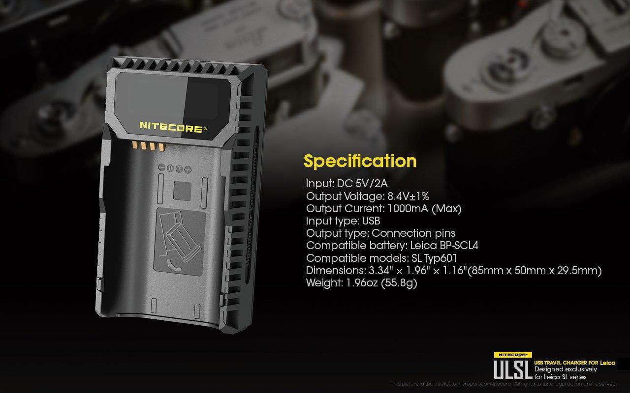 Nitecore ULSL USB Travel Charger for Leica BP-SCL4 Batteries with Lumen Tactical LED Keychain Flashlight - Compatible with Leica SL Typ 601 Series Camera