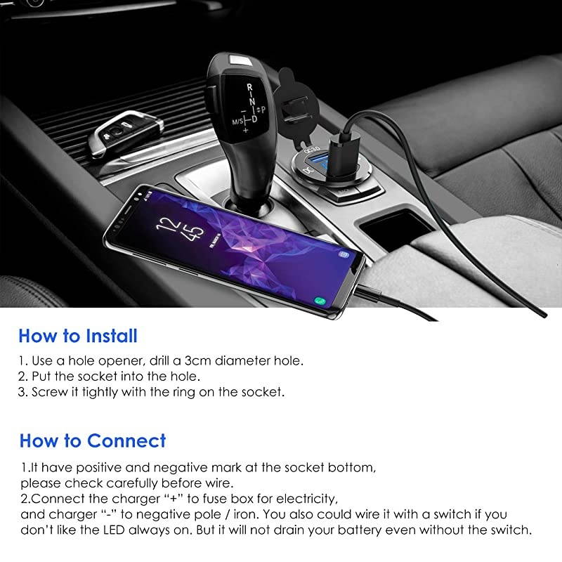 Quick Charge 30 Dual USB Charger Socket  Waterproof Aluminum Power Outlet Fast Charge with LED Voltmeter Wire Fuse DIY Kit for 12V24V Car Boat Marine Motorcycle Truck Golf Cart and More