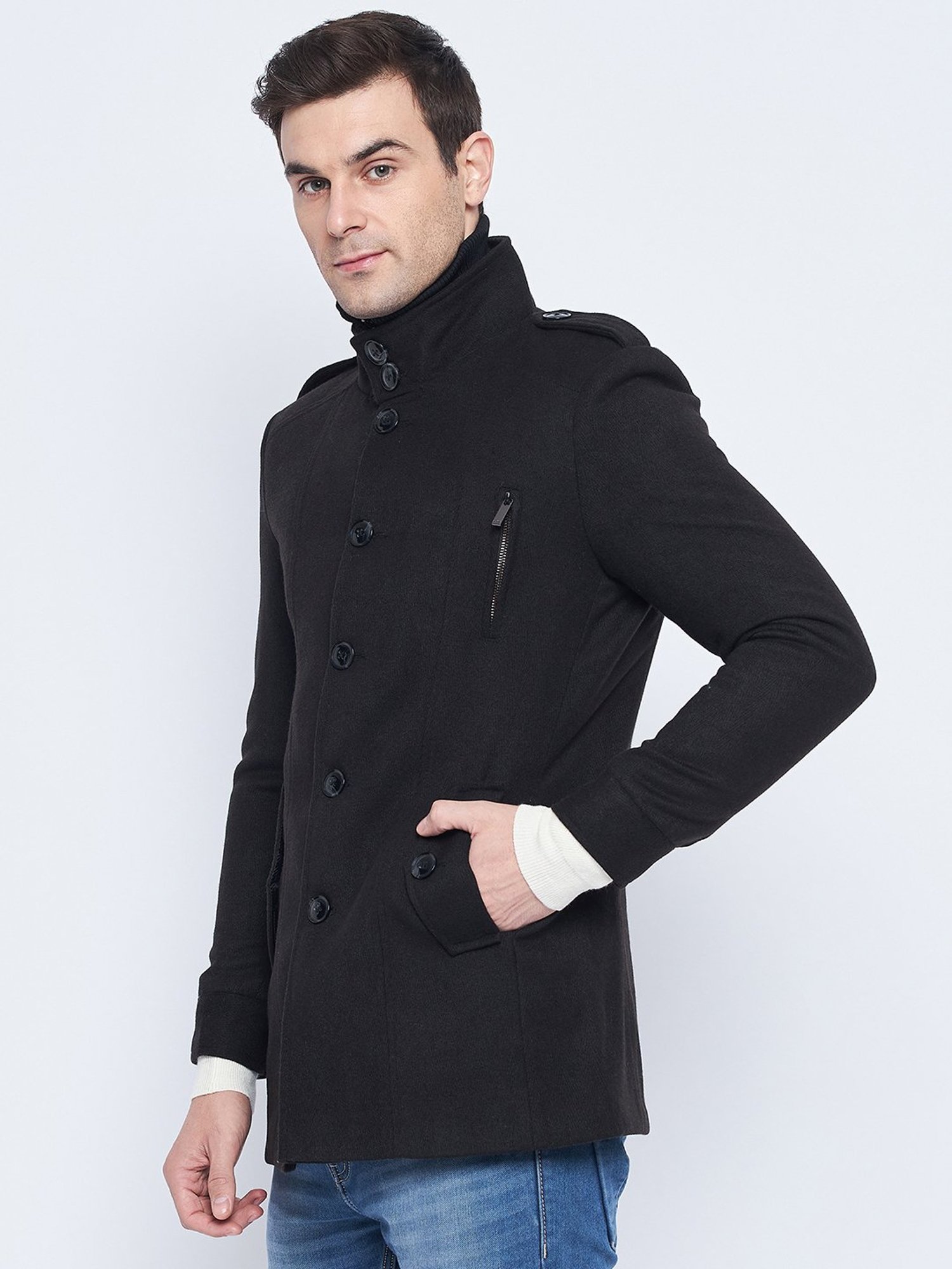 Camla Black Regular Fit Mock Collar Overcoat