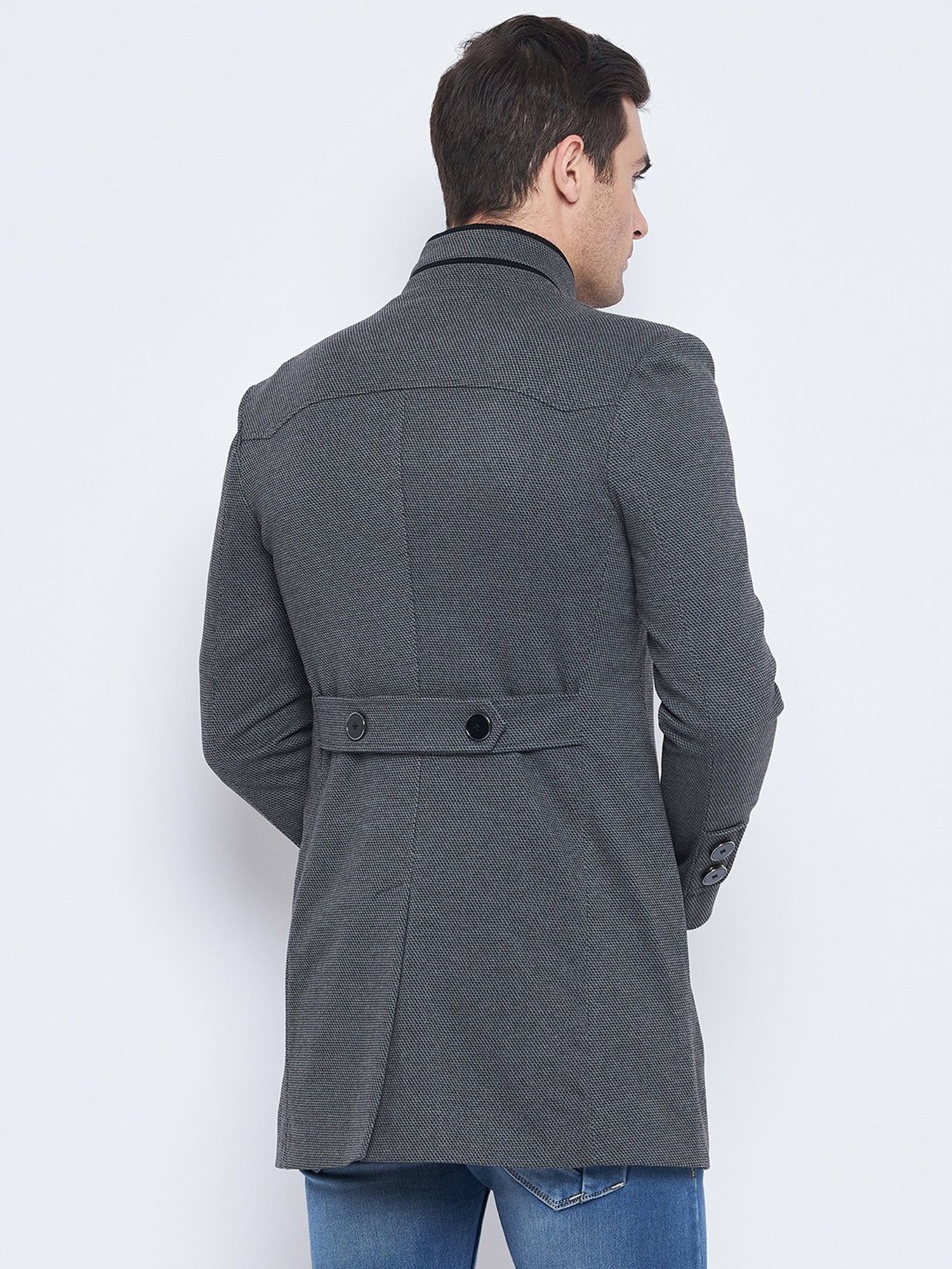 Camla Grey Regular Fit Mock Collar Textured Overcoat