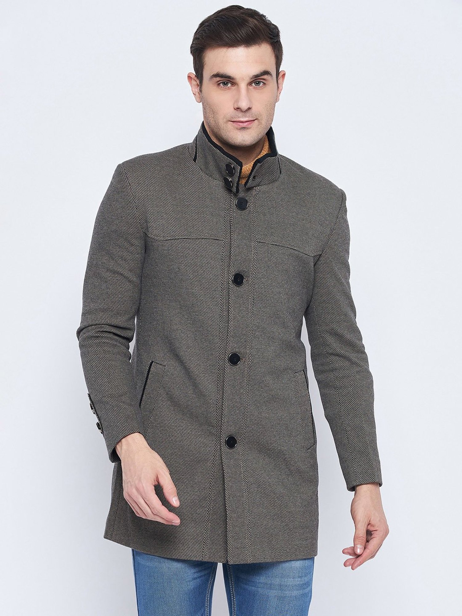 Camla Brown Regular Fit Mock Collar Textured Overcoat