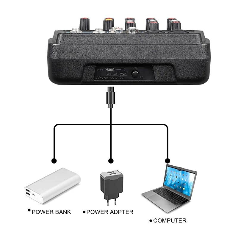 Mini 4 Channel Mixer Audio DJ Console with Sound Card USB Audio Interface 48V Phantom Power Mixer for PC Recording Singing Webcast Party