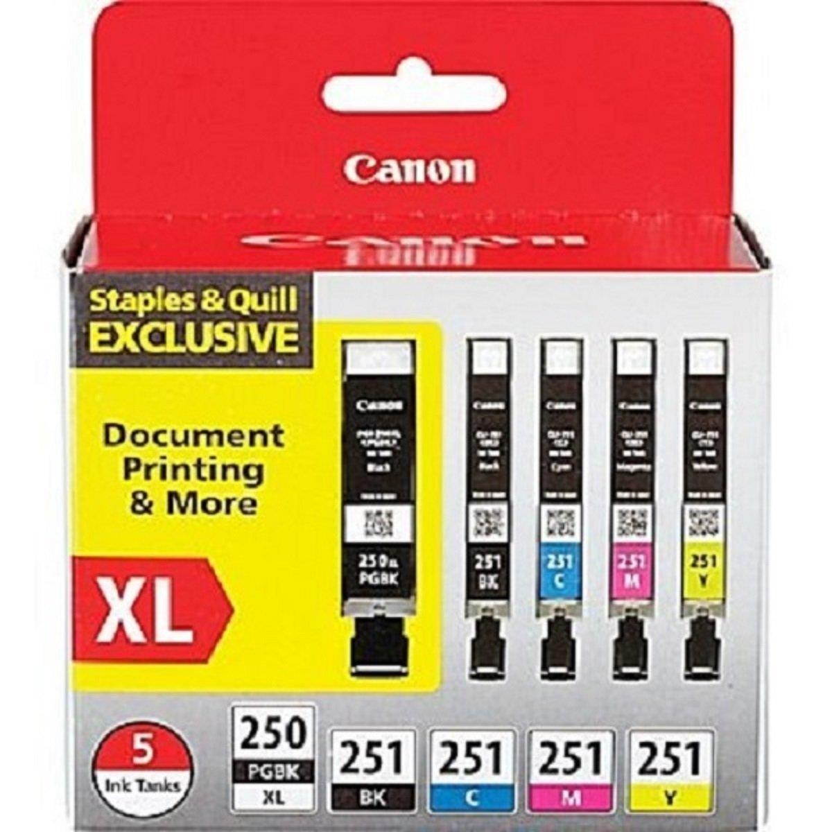 Canon PGI-250XL Black High Yield and CLI-251 B/C/M/Y Black & Color Ink Cartridges (6432B011), Combo 5/Pack