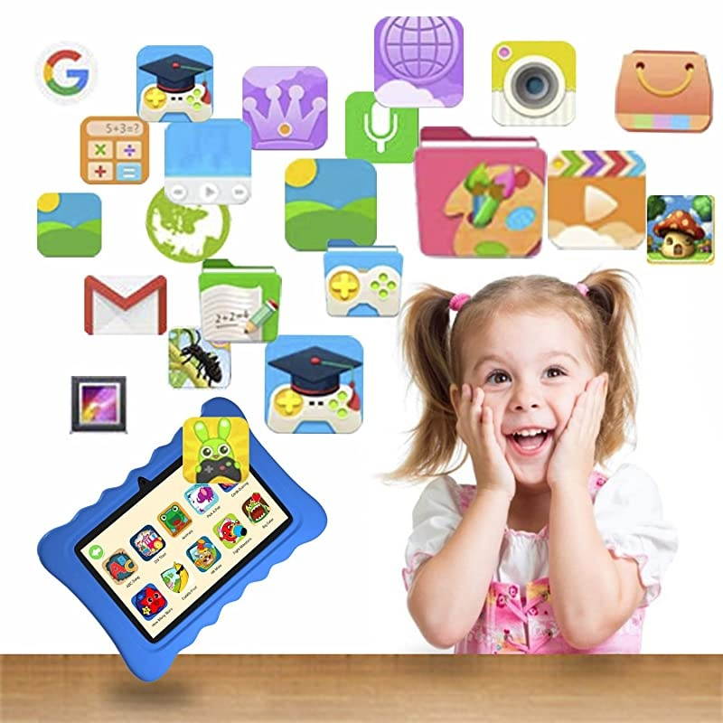 7 inch Kids Tablet with Dual Cameras, 2GB RAM 16GB ROM, Android 9.0 Tablets, WiFi Android Learning Tablet, IPS Full Display, Eye Protection & Parental Control Mode, Kid-Proof Case, Blue