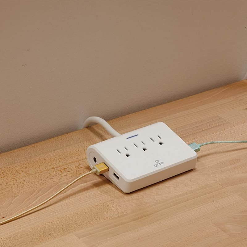 Desk Top Surge Protector Strip 4X USB Ports 3 Grounded Outlets 6ft Power Cord Reset Button Finish 78428 White Desktop