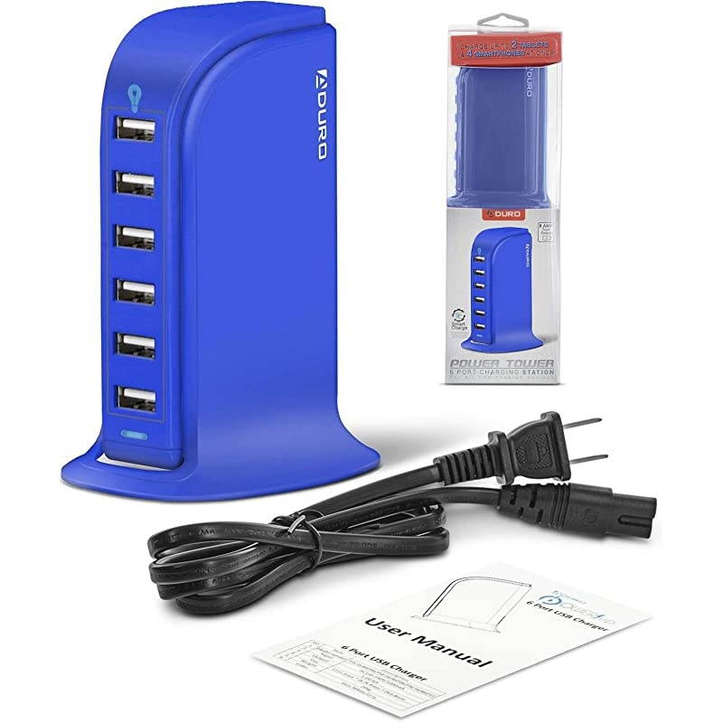40W 6Port USB Desktop Charging Station Hub Wall Charger for iPhone iPad Tablets Smartphones with Smart Flow Blue