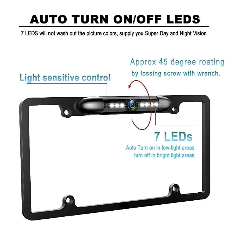 License Plate Backup Camera Front Rear View Reverse Camera with 7 LED Night Vision 170 Degree Viewing Angle Waterproof Backup Camera for Cars