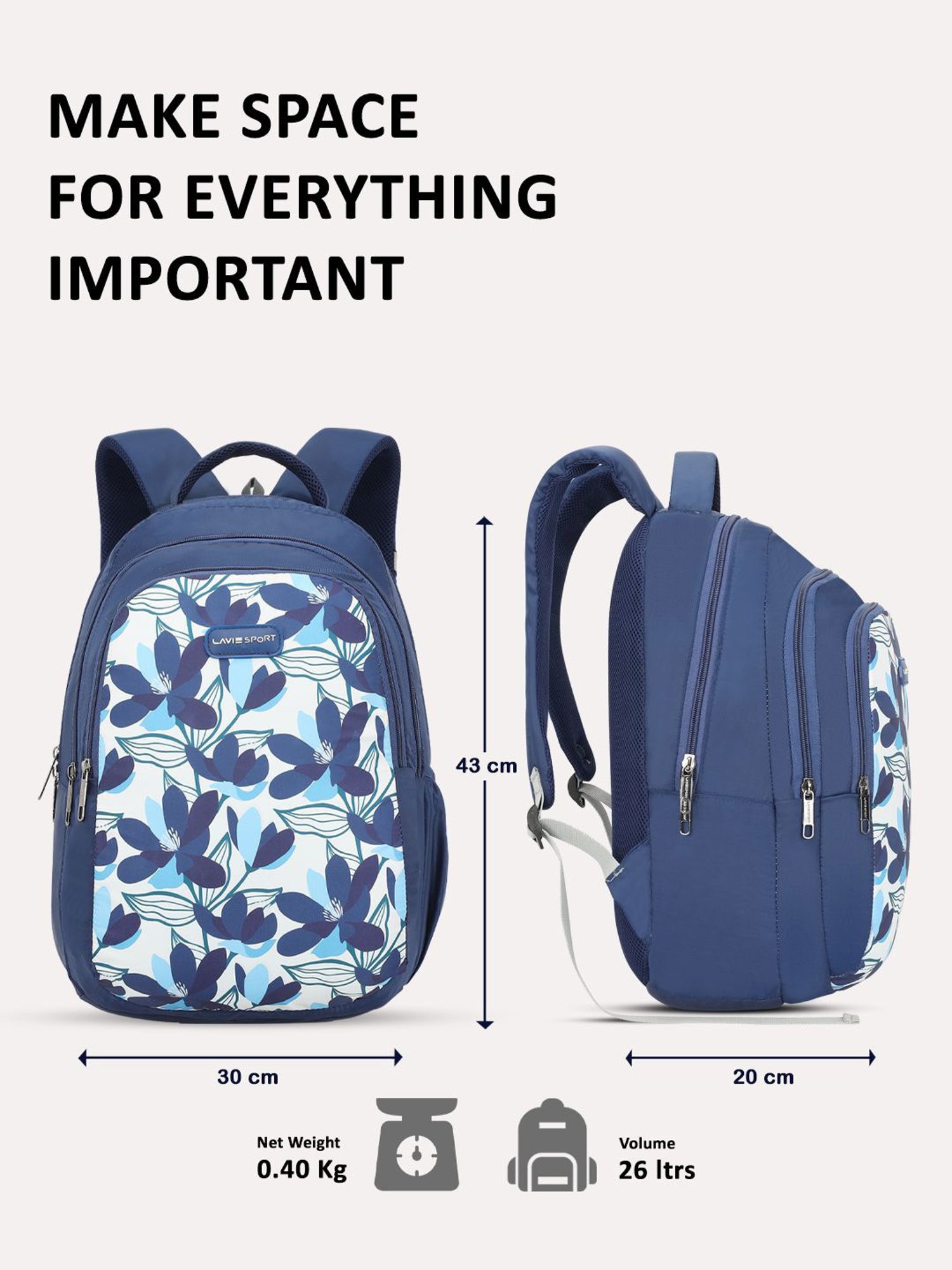 Lavie Sport Carolina Navy Polyester Printed Laptop Backpack - 26 Ltrs