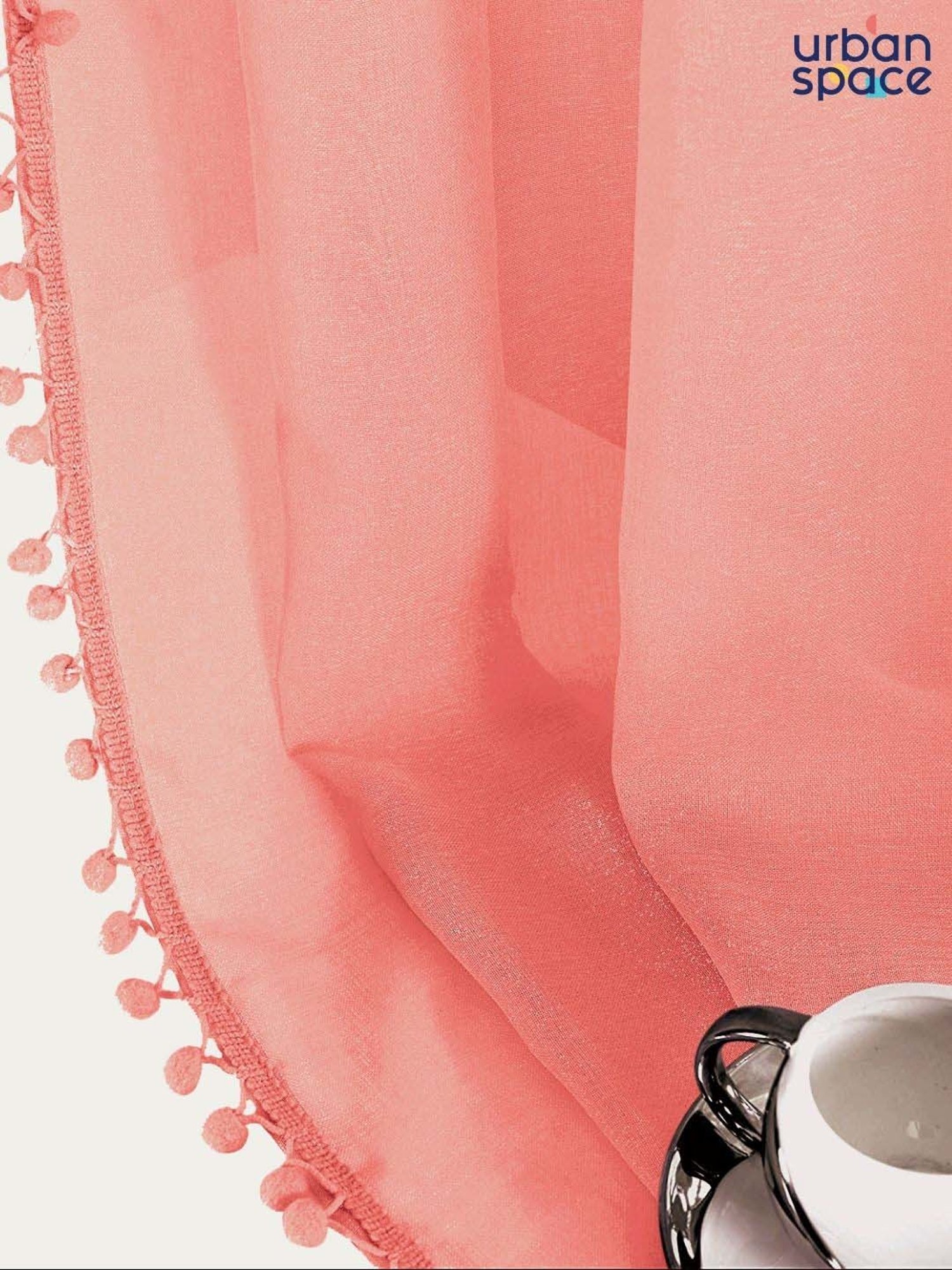 Urban Space Peach Cotton Pom Pom Sheer Door Curtain - Set of 2