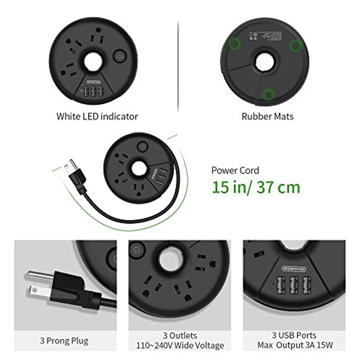 Travel Power Strip, NTONPOWER Portable Charging Station 3 USB Without Surge Protector Short Extension Cord 15 inch Compact for Home, Office, Cruise Ships, Business Trip, Hotels - Black
