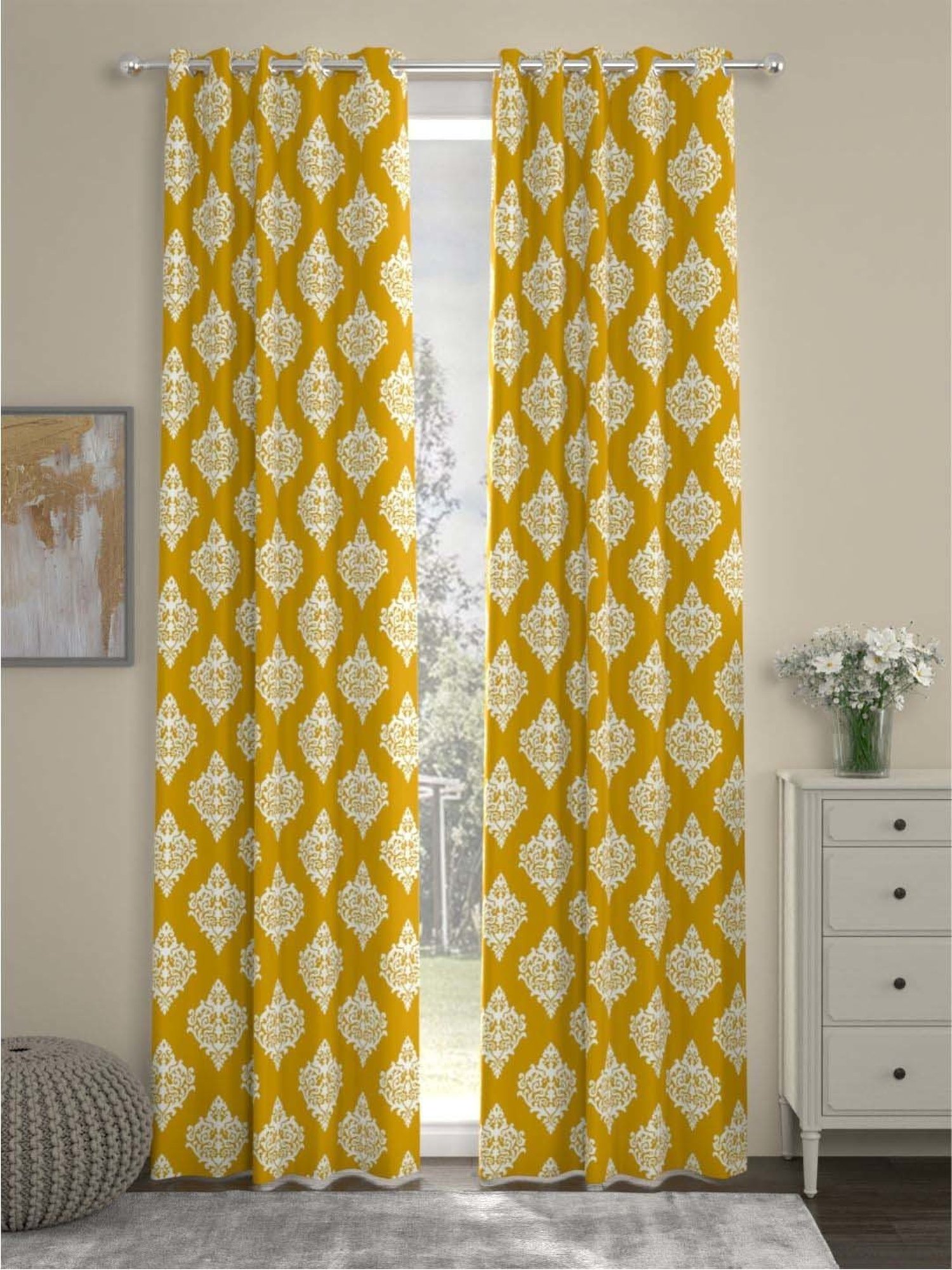 Urban Space Mustard & White Cotton 7 Ft. Door Curtain With Rings - Set of 2