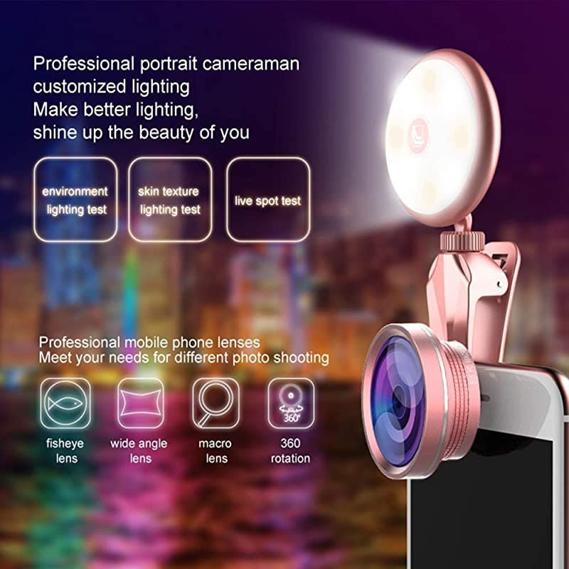 Light Ring with Mobile Camera Lens360&deg; LED Flsh Light + 4K HD Wide Angle Lens + 185&deg; Fisheye Lens + 50X Macro Lens for Phone iPad Sumsung Galaxy Photography Phones Tablet Laptop  Black