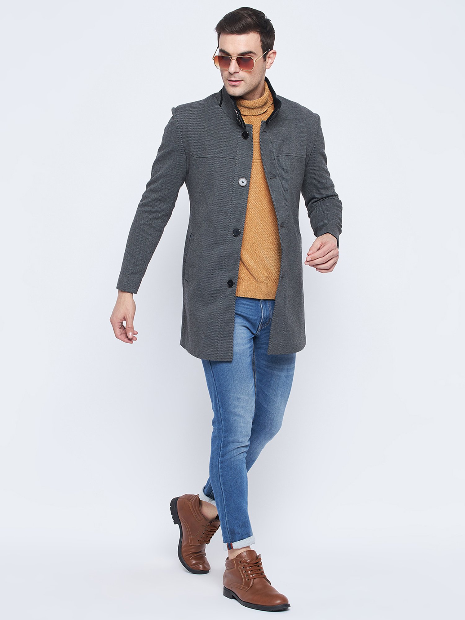 Camla Grey Regular Fit Mock Collar Textured Overcoat