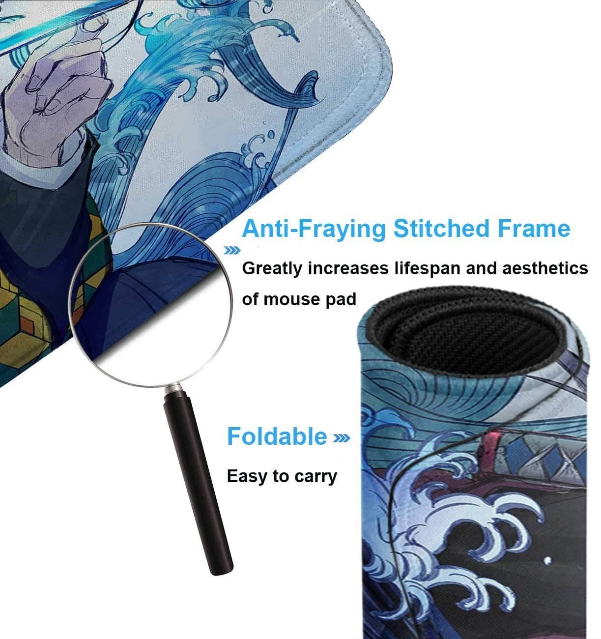 Gaming Mouse Pad Anime Demon Slayer Giyu Tomioka Katana,Laptop Desk Pad,Mousepad with Stitched Edge Frame & Non-Slip Rubber Base,Computer Keyboard and Mice Pads Mouse Mat 23.6X11.8