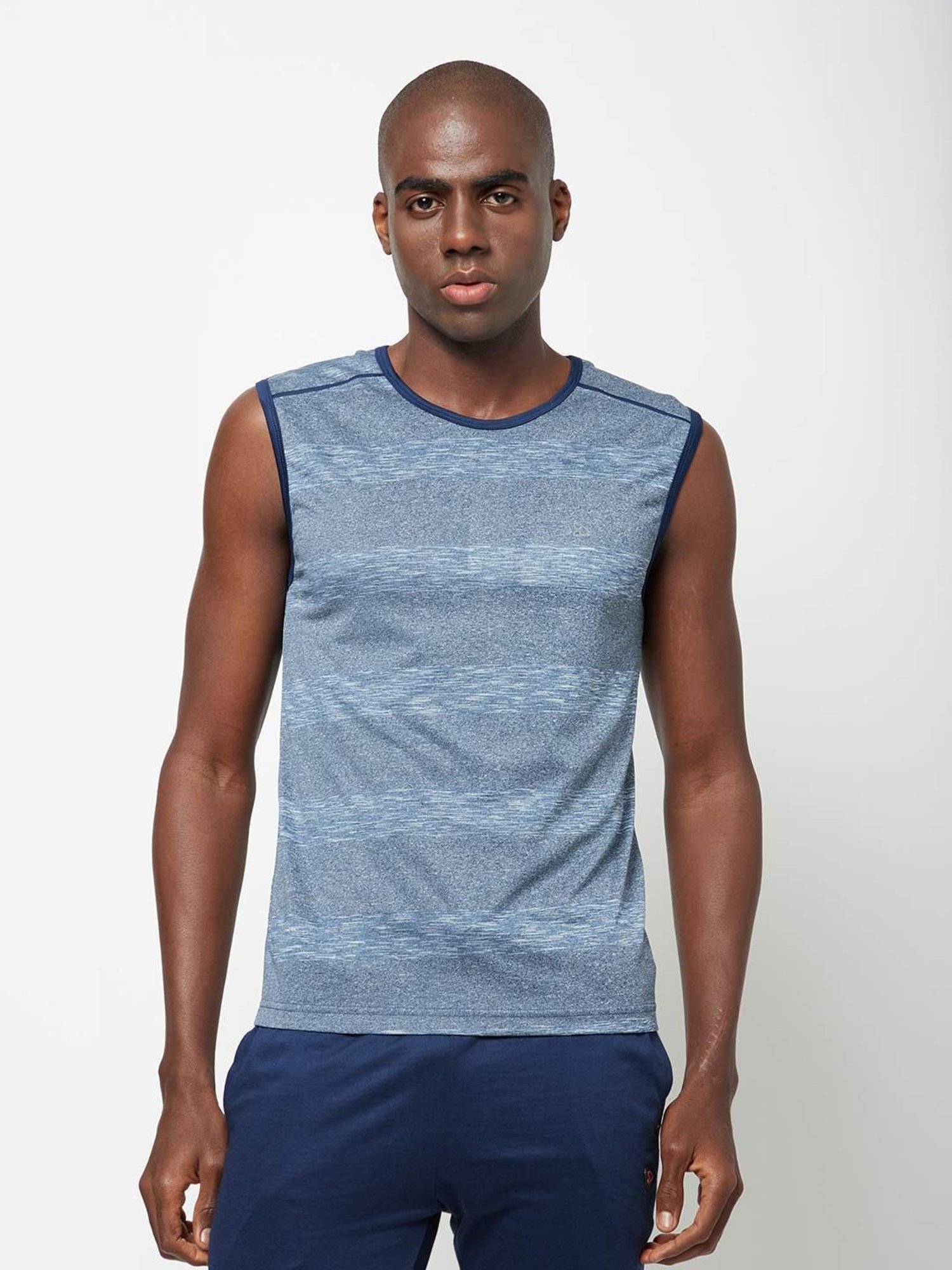 Sporto Blue Melange Regular Fit Self Pattern Gym Vest