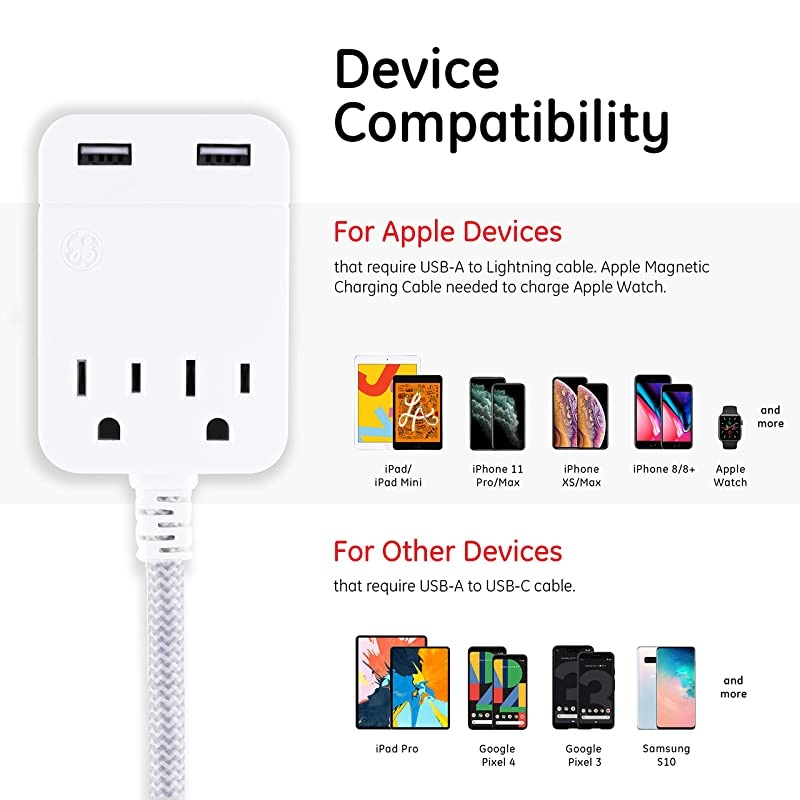 2 Outlet 2 USB Sur Protector, 12W/2.4A Total USB, 10 ft Braided Extension Cord, Flat Plug, for iPhone 11/Pro/Max/XS/XR/X/8, iPad Pro, Samsung Galaxy, Google Pixel, 250 Joules, White/Gray, 38432