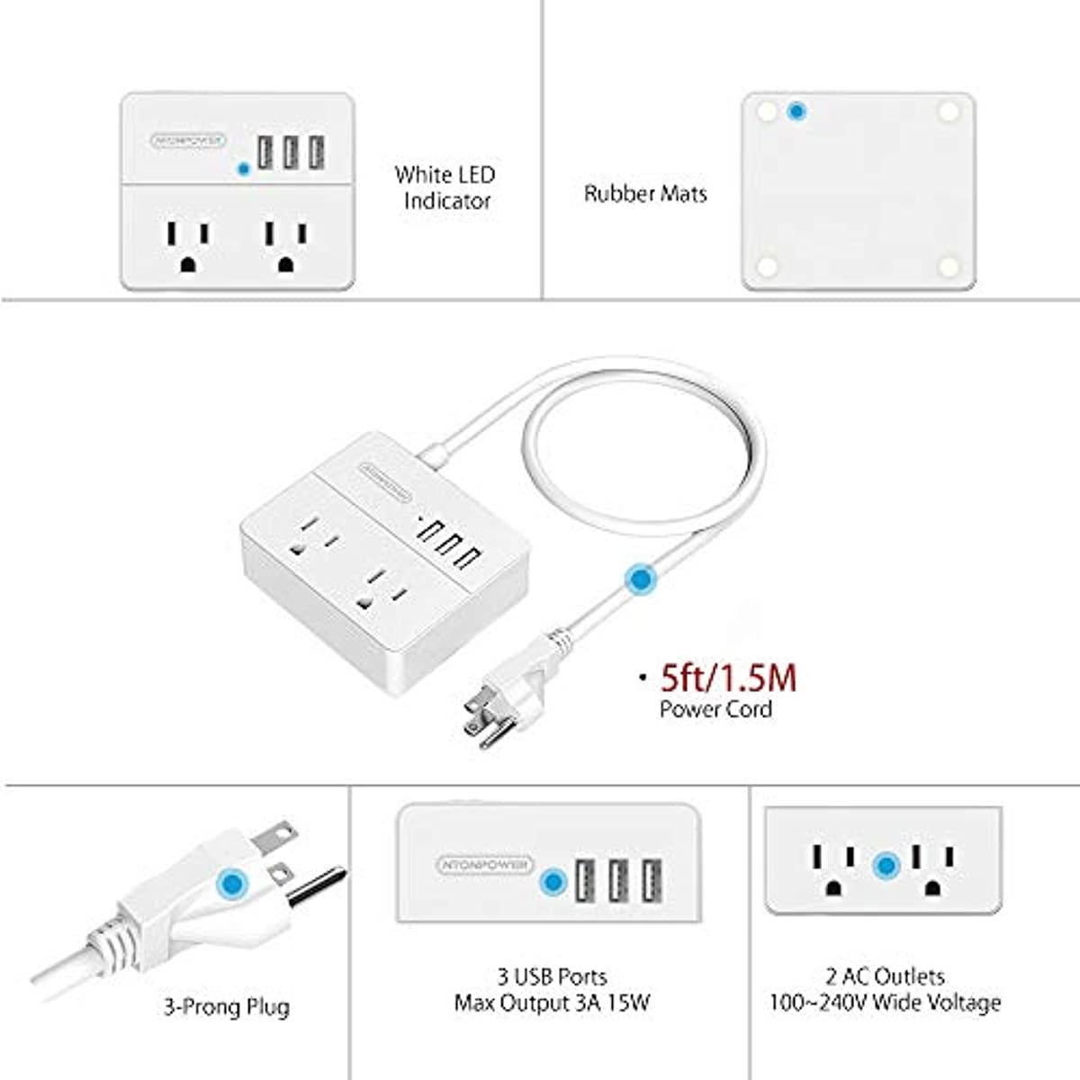 Power Strip with USB 2-Pack, NTONPOWER Travel Power Strip, 2 Outlets and 3 USB Ports Desktop Charging Station, 5ft Extension Cord, Compact for Cruise Ship, Nightstand and Office - White