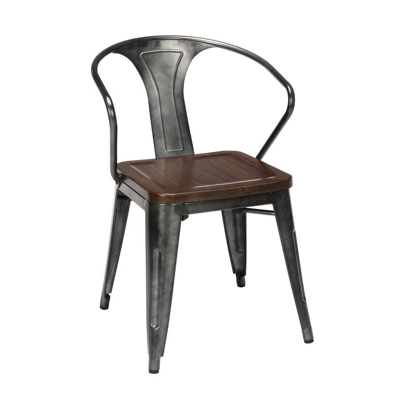 Set of 4 18" Industrial Modern Mid Back Galvanized Steel Chairs with Arms and Solid Ash Wood Seats Gunmetal/Walnut - OFM