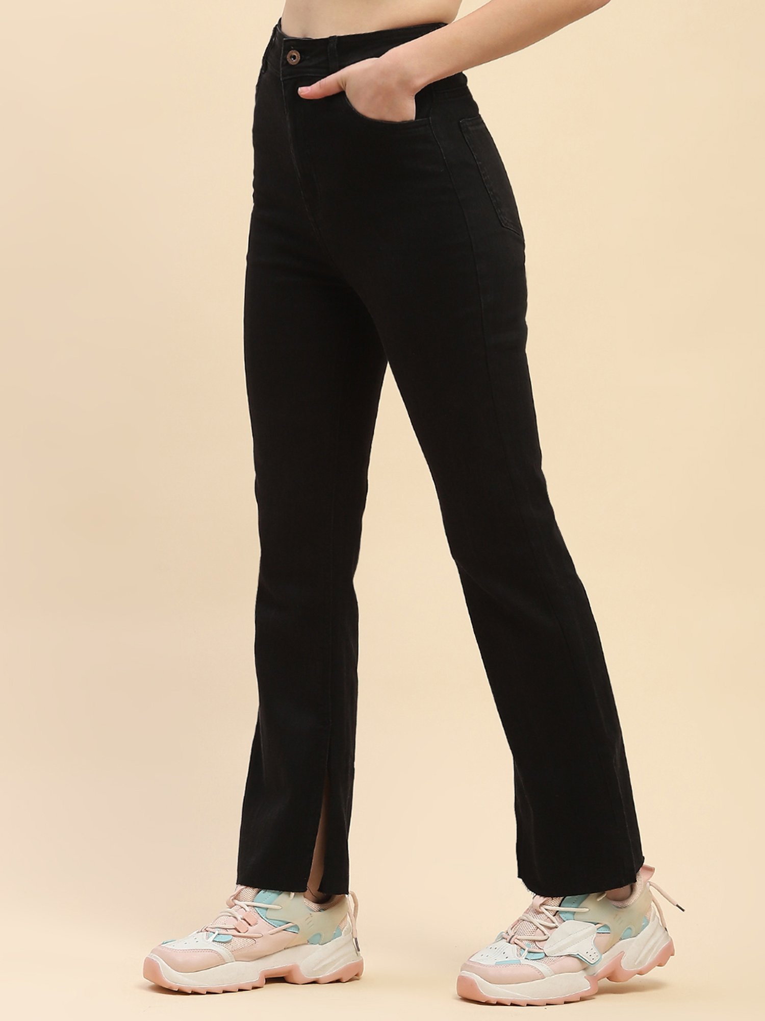 Camla Black Cotton Straight Fit Mid Rise Jeans